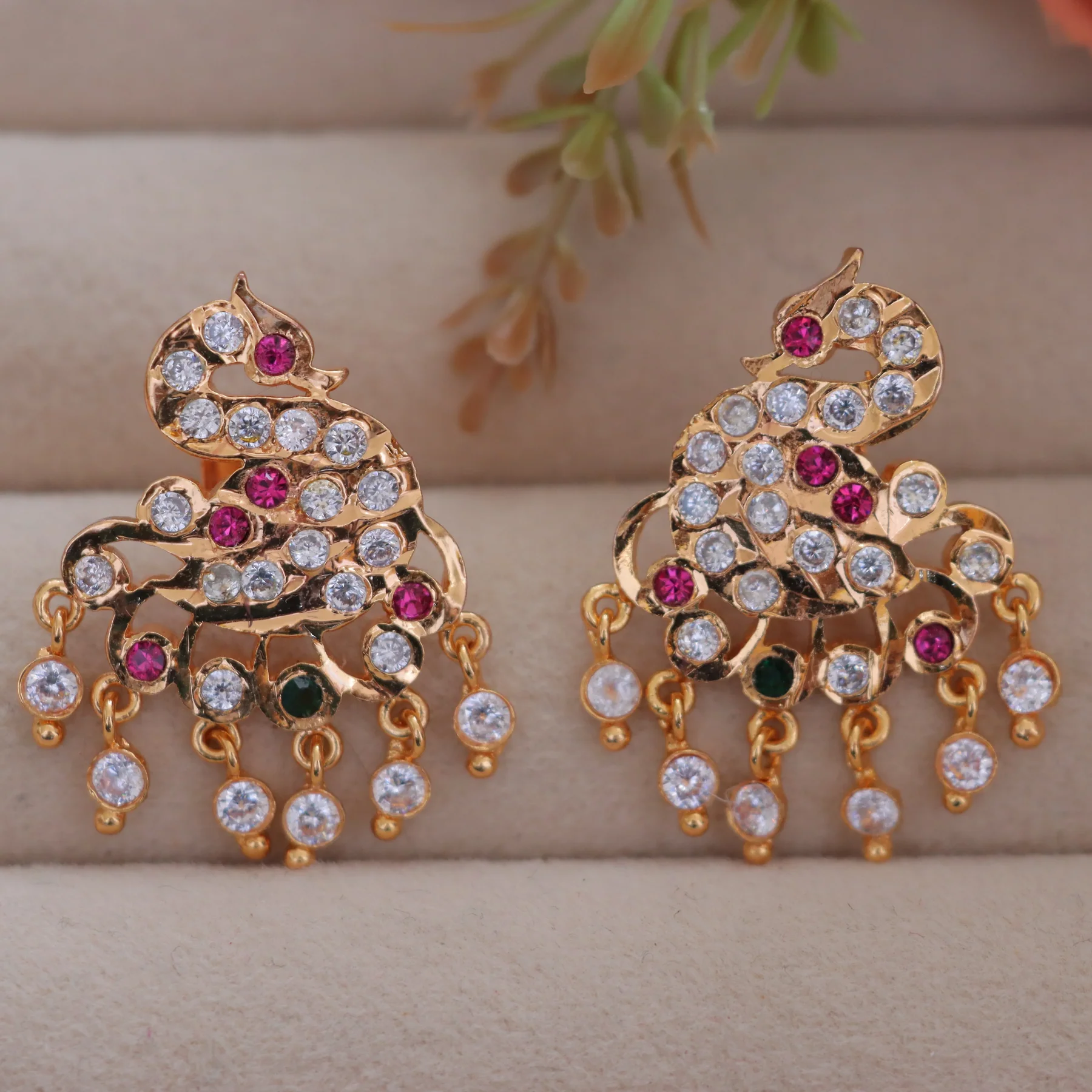 Gold Peacock Earrings - Multicolor